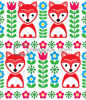 Scandinavian seamless pattern, Nordic background with foxes and flowers, folk art design