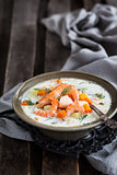 Hot salmon and shrimps cream soup