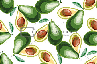 Vector seamless background with avocado fruit slices on a white background.
