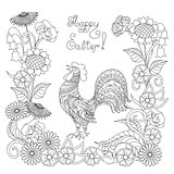 Happy Easter with ornamental rooster and flowers