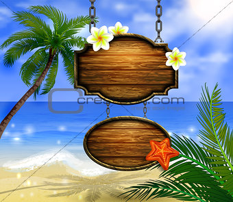 summer wooden sign on tropical beach background