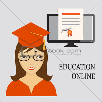 education online with girl in red and diploma into computer scre