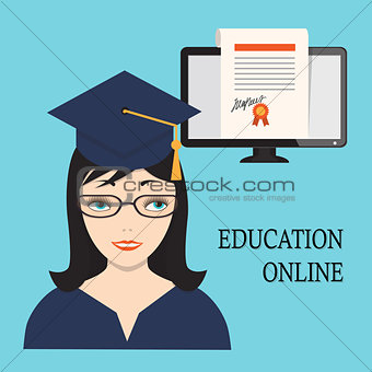 education online with girl  and diploma into  computer screen 