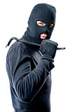 Robber with a crowbar in black clothes on a white background 