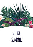 Floral vertical postcard design with hibiscus flowers, monstera and royal palm leaves. Exotic hawaiian vector background.