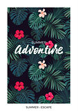 Tropical vector postcard design with bright hibiscus flowers, exotic palm leaves and lettering on dark background.