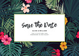 Tropical vector wedding invitation design with hibiscus flowers and exotic palm leaves on dark background.