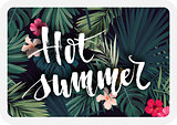 Bright tropical vector postcard design with hibiscus flowers, exotic palm leaves and lettering.