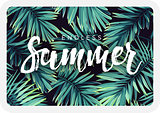 Dark tropical postcard design with exotic plants and lettering. Vector tropical background with green phoenix palm leaves.