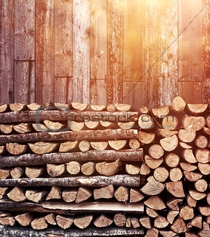 Stacked firewood heap afternoon light