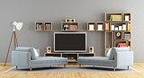 Living room with television set and bookcase