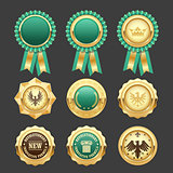 Green award rosettes and gold medals - prize insignia