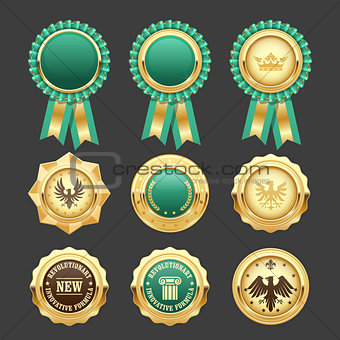 Green award rosettes and gold medals - prize insignia