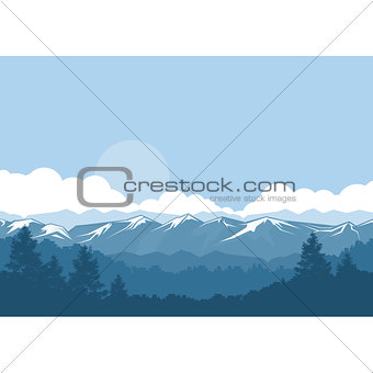 Mountains and forest foggy landscape with snow-covered peaks