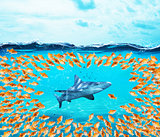 Goldfishes group surround the shark. Concept of unity is strenght,teamwork and partnership