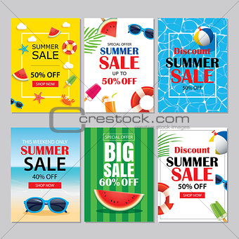 Summer sale emails and banners mobile templates. Vector illustra