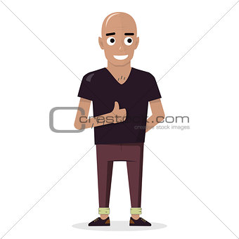 The man on the white background shows the sign thumb up. Brutal bald cartoon character.