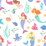 Cartoon mermaid seamless pattern on transparent background. Vector illustration
