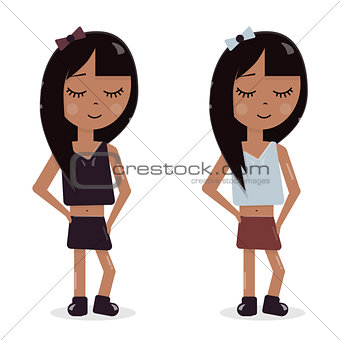 Cartoon character girl. Avatar for a blog or promotional products. A child with long black hair in a skirt. Funny and cheerful.