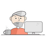 Vector flat illustration of happy man working on computer. Business process icon. Illustration for blog, social networks and web site.
