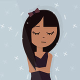 Cartoon avatar girl. The beautiful female child with dark hair on blue background. Illustration for blog, social networks and web site.