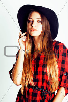young pretty brunette girl hipster in hat on white background casual close up dreaming smiling. real american modern woman, lifestyle real people concept