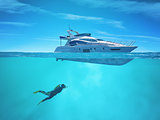 Diver near a cruise ship. 