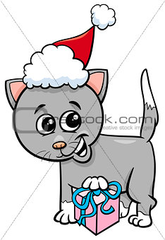 kitten with Christmas gift cartoon