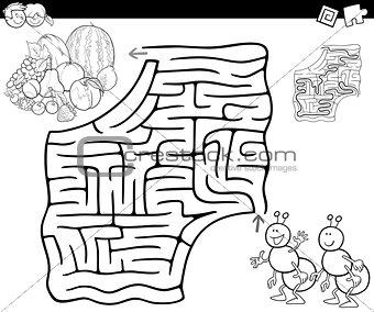 maze with ants and fruits for coloring