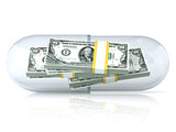 Transparent pill capsule, with dollars stack inside. Isolated on