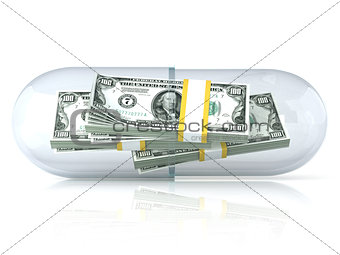 Transparent pill capsule, with dollars stack inside. Isolated on