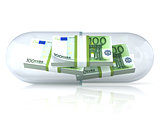 Transparent pill capsule, with euros stack inside. Isolated on w