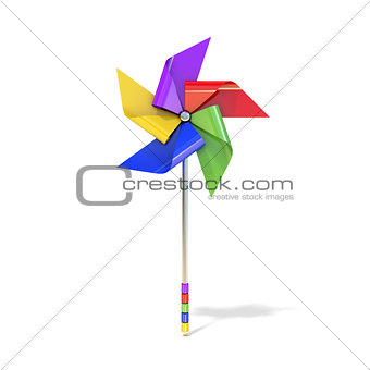 Pinwheel toy, five sided, differently colored vanes. 3D