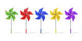 Five colorful five sided pinwheels. 3D