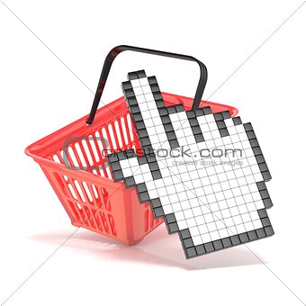 Shopping basket and pointing hand cursor. Internet commerce conc