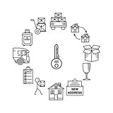 Line art icon infographic set for Moving. Thin line art icons. Flat style illustrations isolated.
