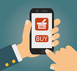 Hand holing smart phone with buy button on the screen. E-commerce flat design concept.