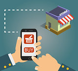 Hand holing smart phone with buy button on the screen. E-commerce flat design concept.
