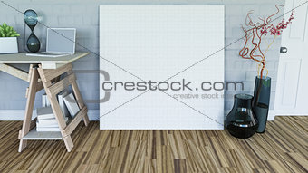 3D blank canvas leaning against a wall in a room interior