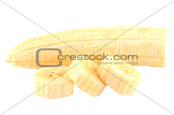 Peeled cut bananas isolated on white background