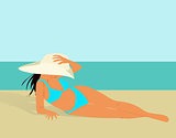 Beautiful girl in bikini and hat on a beach, vector illustration, travel and rest