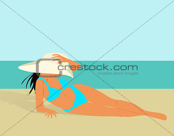 Beautiful girl in bikini and hat on a beach, vector illustration, travel and rest