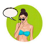 Hot sexy tanned girl with speechbubble for your text