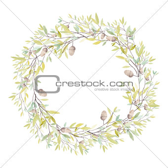 Watercolor Wreath with Oak Acorn and Leaves. Isolated on White B