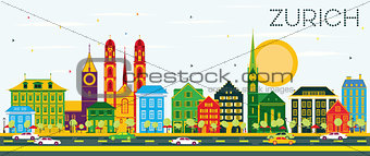 Zurich Skyline with Color Buildings and Blue Sky.