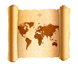 Realistic ancient world map on old textured scroll on white
