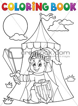 Coloring book knight by tent theme 1