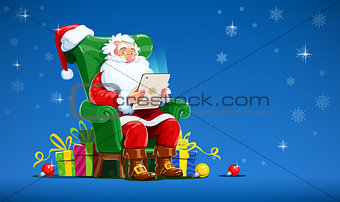 Santa claus sit in armchair with tablet.