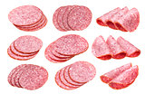 Salami sausage slices isolated on white, with clipping path, collection