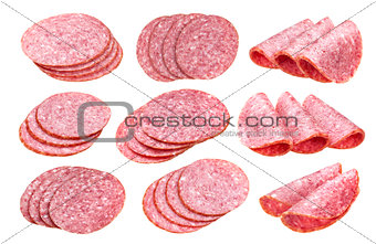 Salami sausage slices isolated on white, with clipping path, collection